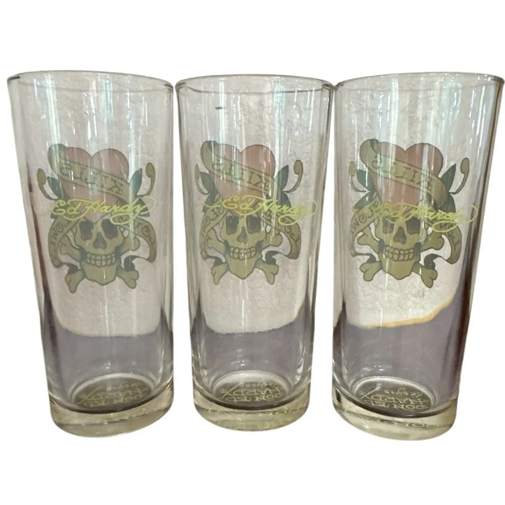 Ed Hardy Y2K Tattoo Skull Design Glasses 3 PC Set Drinkware Glassware Kitchen